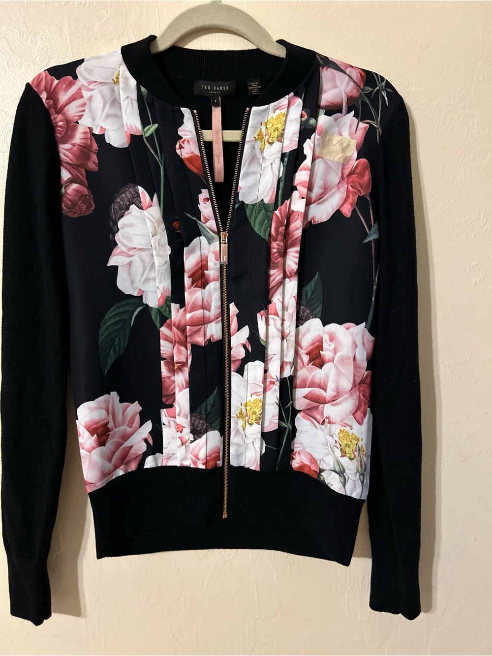 Ted Baker Black Floral Zip Bomber Jacket with Pink Roses